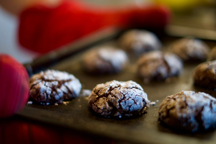 chocolate crinkle cookies fresh out of the oven