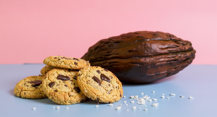 Chewy salty chocolate chunk cookies on a table next to organic cacao 