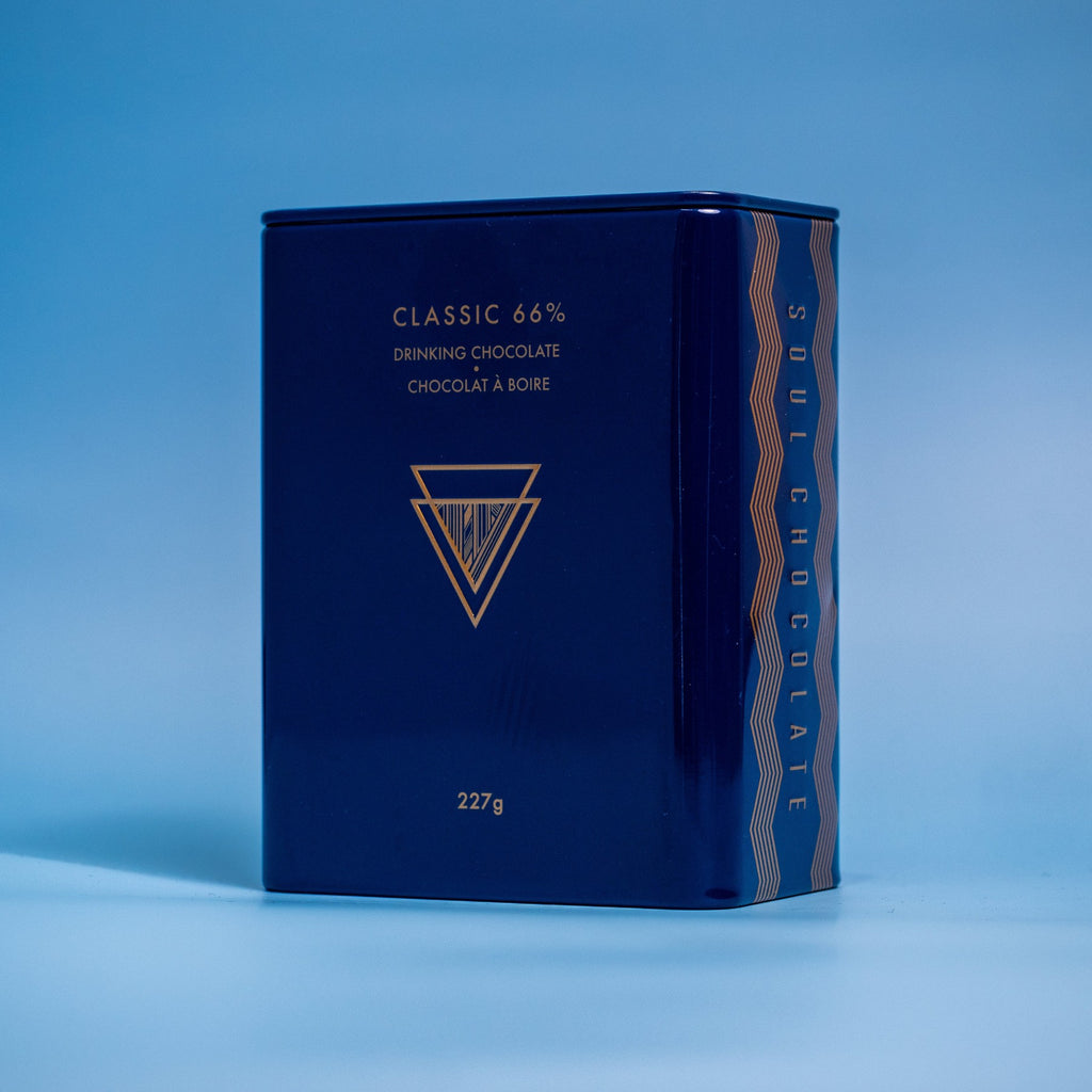 A blue tin of classic hot chocolate mix cocoa