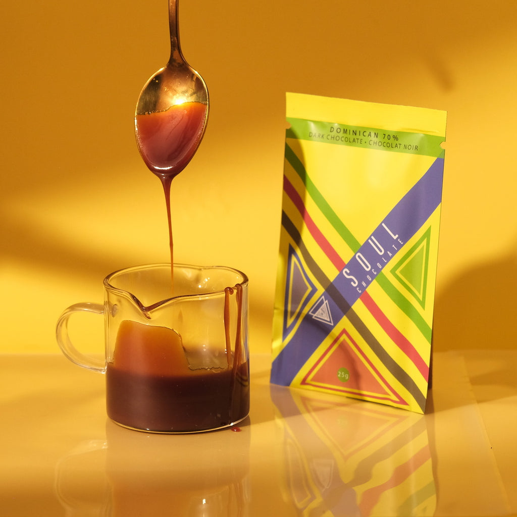 Spoon pouring chocolate sauce into a glass mug with a bright packaging on a yellow background