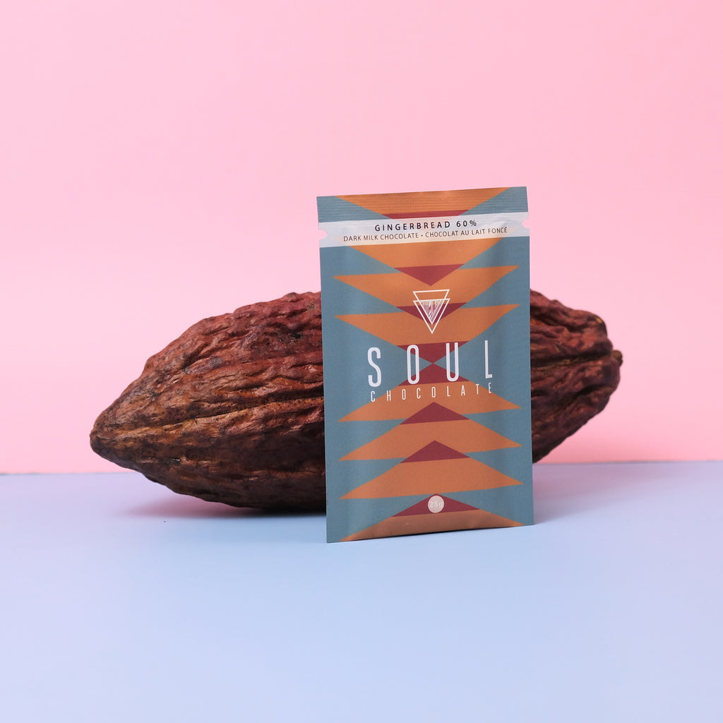 Soul Chocolate gingerbread packaging with a cocoa pod on a pink and blue gradient background