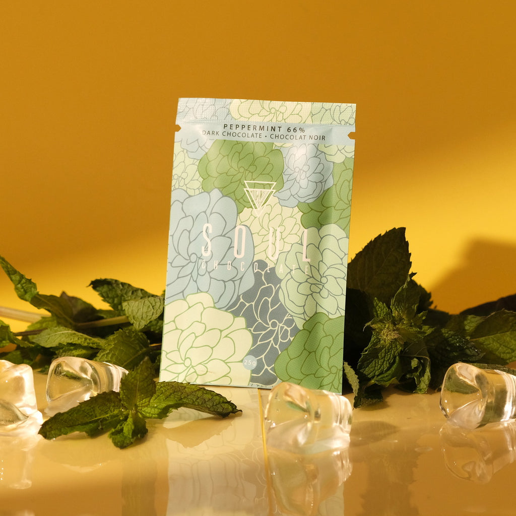 Peppermint chocolate bar packaging with fresh mint leaves and cold ice cubes on a yellow surface