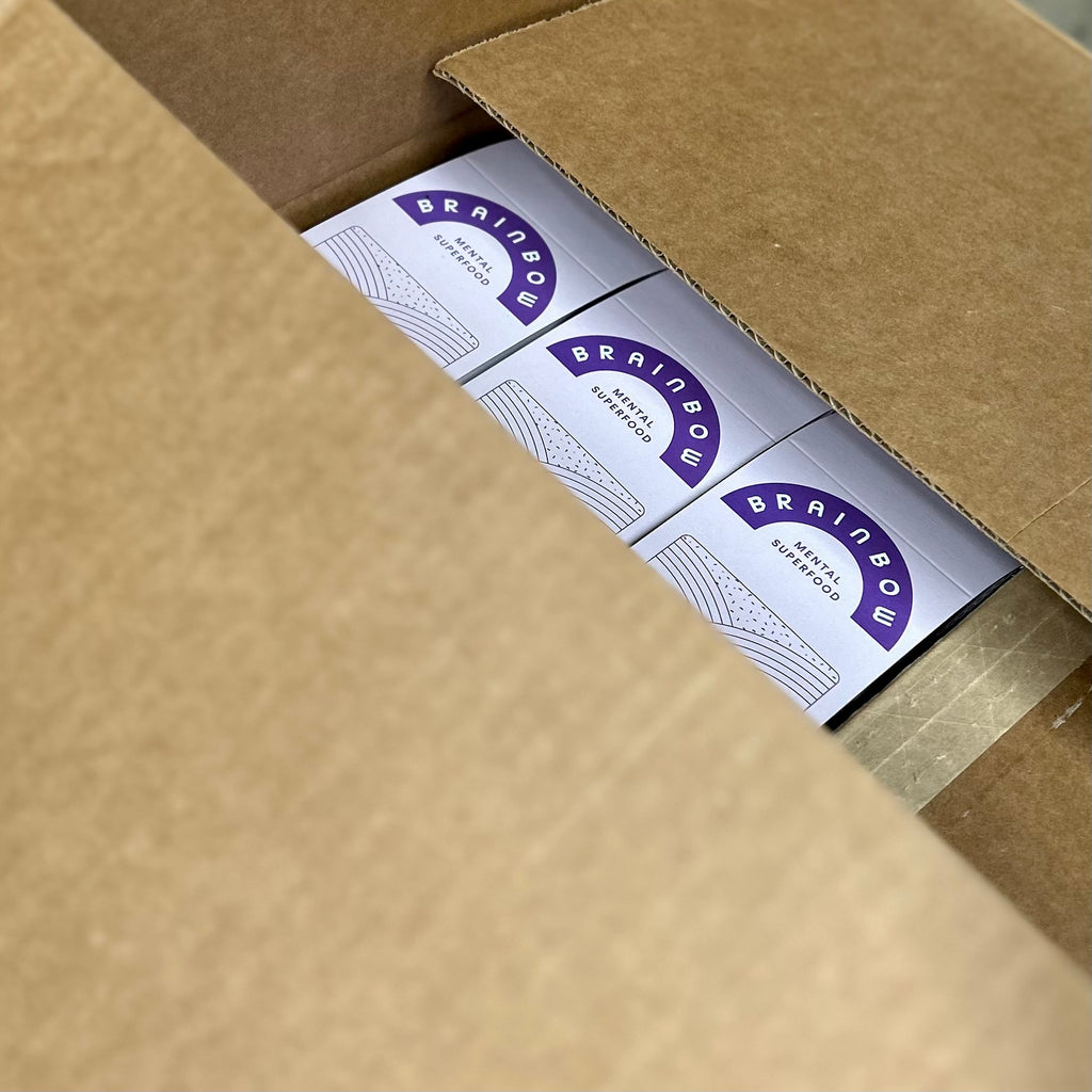 boxes of brainbow chocolate in a cardboard box