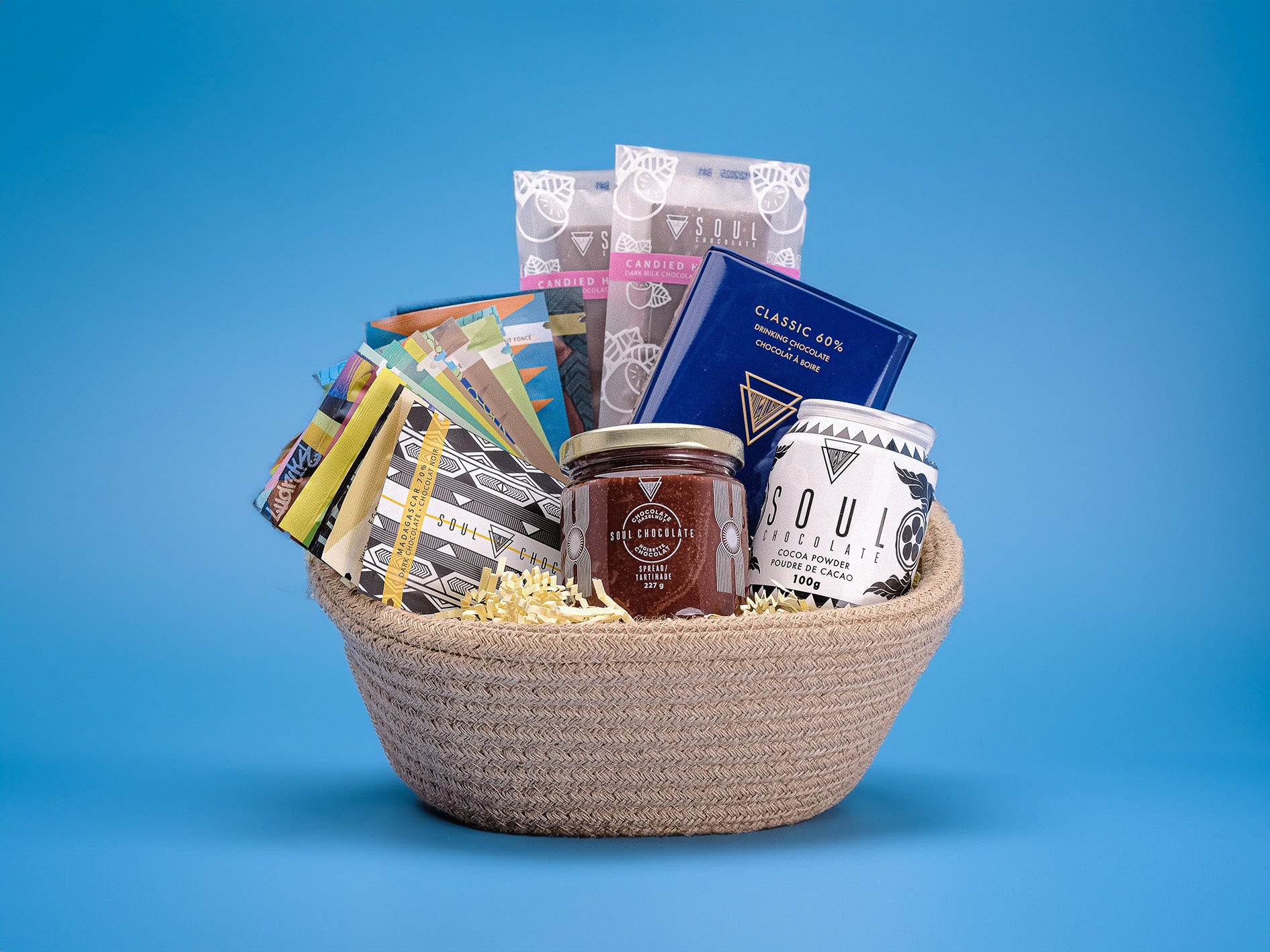 gift basket of mixed chocolate and hot chocolate powder